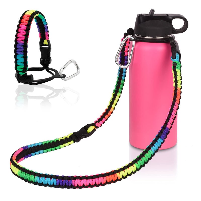 Wongeto Paracord Handle Carrier Holder with Shoulder Strap,Compatible with Hydro Flask Wide Mouth Water Bottles 12oz - 64 oz Water Bottle for Walking Hiking Camping (Rainbow) - Image 1